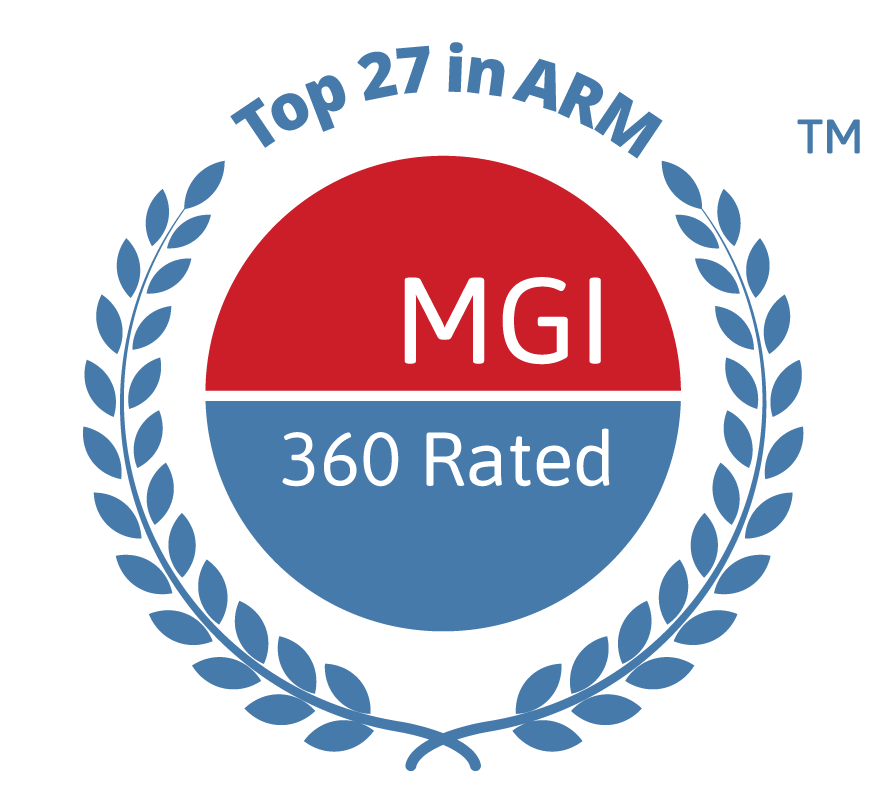 a badge with laurels for the MGI Rated Top 27 in ARM