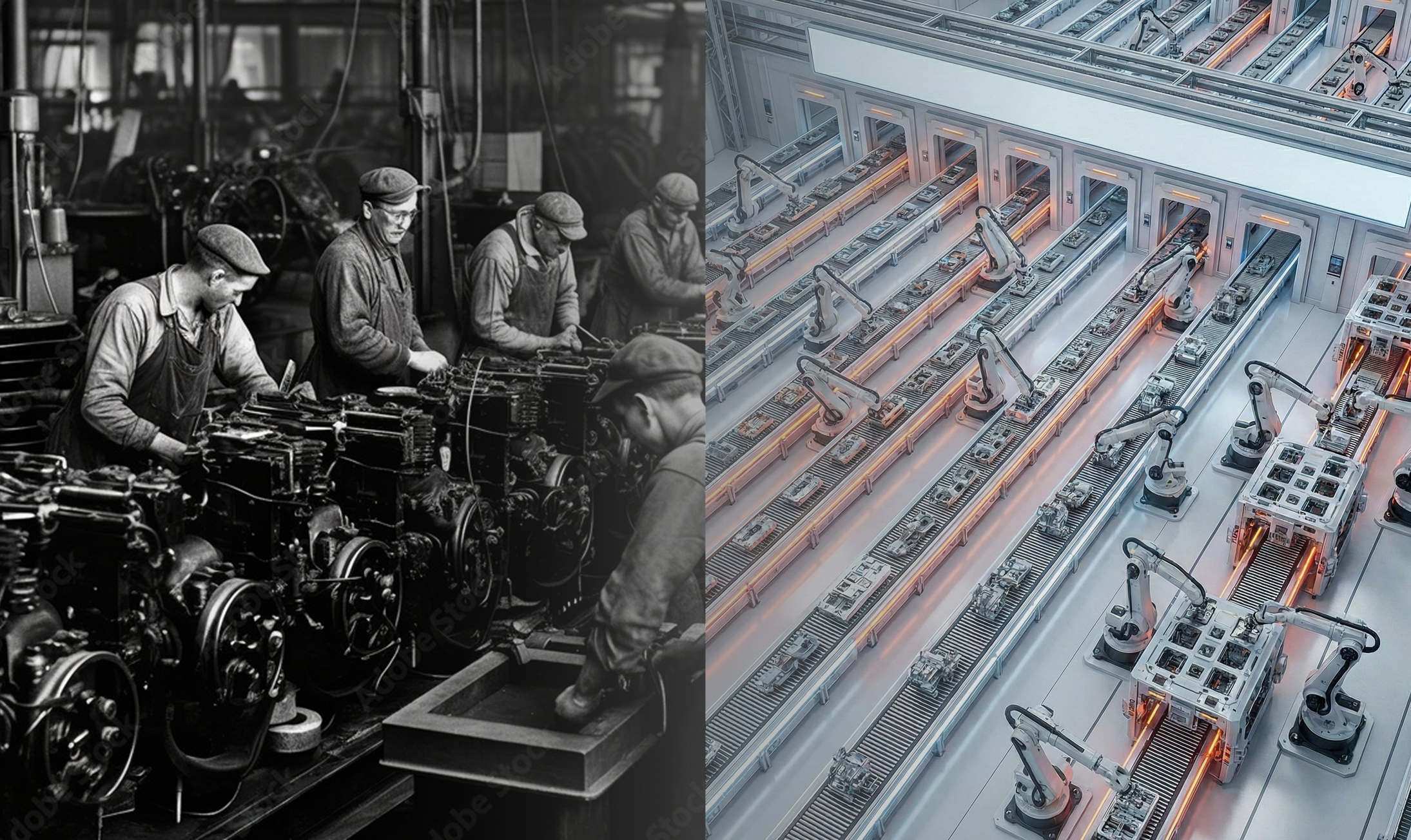 The transition from manual assembly lines on the Model T to automated assembly lines for scaled manufacturing.
