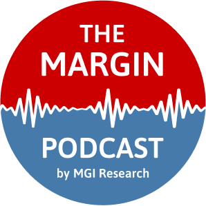 the logo for the margin podcast that features a blue and red circle with a sound wave running through the middle