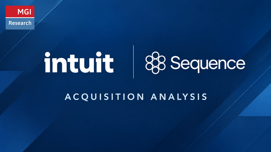 Intuit and Sequence logos displayed side by side on a blue background for MGI Research's acquisition analysis.
