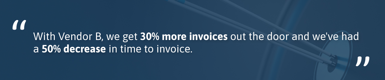This quote describes that an anonymized vendor enables 30% more invoices to be sent out with a 50% decrease in time to invoice. This is over a blue background with arrows on a bullseye as an accent image.