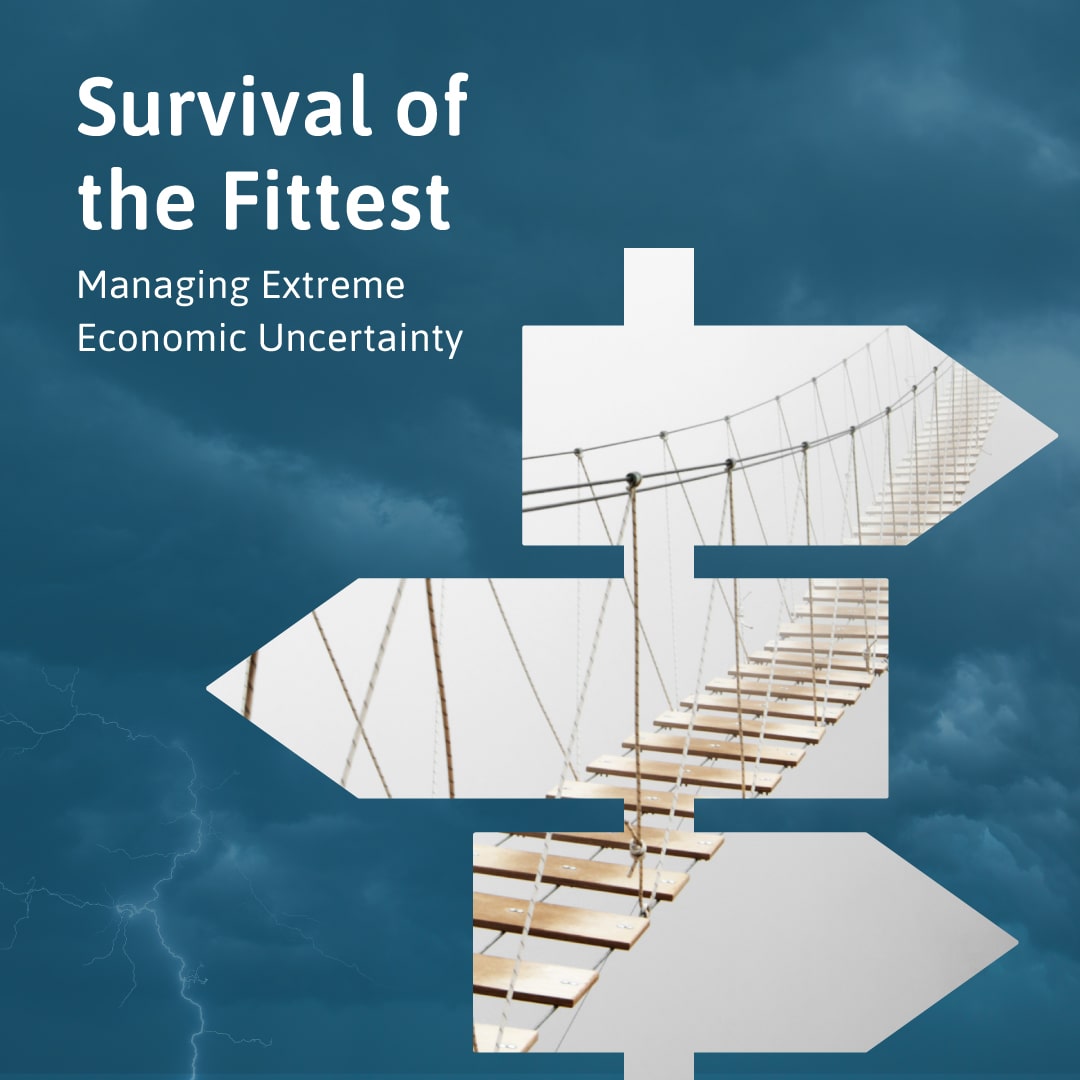 a graphic representation of economic downturn: storm clouds background with arrow pointing in multiple directions