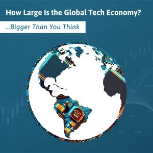 a graphic of the world underlaid by tech hardware, representing the global tech economy 